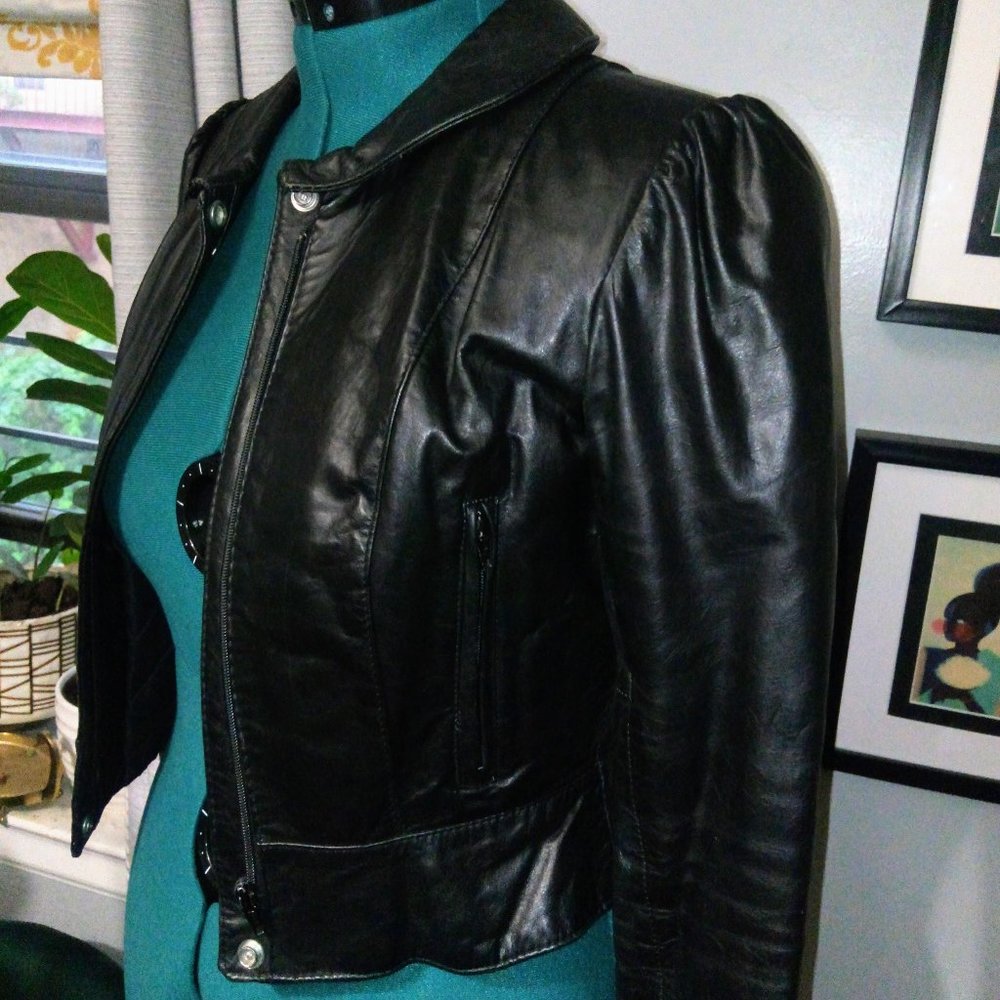 Vintage Jonathan Christopher Black Leather Puff Sleeve Jacket Sz Small - Picture 14 of 16